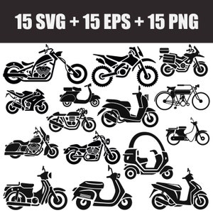 Puede incluir: Un conjunto de 15 ilustraciones vectoriales en blanco y negro de motocicletas y scooters. Las ilustraciones están en un estilo simple y plano y son perfectas para usar en diseño web, impresión o aplicaciones móviles.