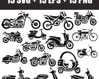 vector digital set of motorcycle icons in SVG, EPS and PNG formats, svg motor scooters, svg scooters, svg choppers, svg motorcycles, cricut