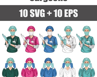 vector digital set of surgeons in masks in EPS and SVG formats, svg doctor, svg medicine, SVG surgeons, emergency medical care svg, clinic