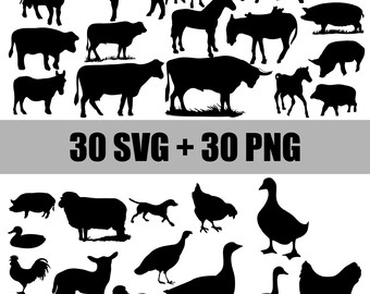 Vector digital set of black and white livestock animal icons in SVG, EPS and PNG formats, including animal icons for Cricut, cow, sheep, pig