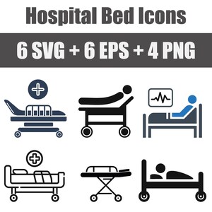 Puede incluir: Conjunto de iconos de cama de hospital en blanco y negro. Los iconos representan una cama de hospital con un paciente, una camilla y una cama de hospital con un monitor de frecuencia cardíaca. Los iconos son adecuados para su uso en sitios web médicos, aplicaciones y presentaciones.