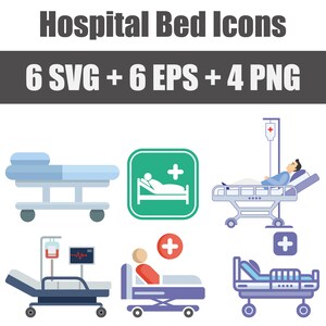 Puede incluir: Conjunto de seis iconos de cama de hospital en formatos SVG, EPS y PNG. Los iconos representan diferentes tipos de camas de hospital, incluyendo una cama estándar, una cama con goteo intravenoso y una cama con un paciente. Los iconos son de estilo plano y son perfectos para usar en sitios web médicos, aplicaciones y presentaciones.