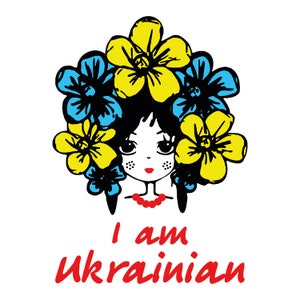 Könnte beinhalten: Eine Cartoon-Illustration eines Mädchens mit schwarzen Haaren, das einen Kranz aus gelben und blauen Blumen trägt. Der Text "Ich bin Ukrainerin" steht in Rot unter dem Mädchen.