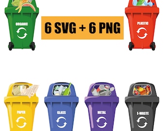 May include: Six colorful recycling bins with wheels, each labeled with a different waste type: organic, plastic, paper, glass, metal, and e-waste. Each bin is filled with different types of trash. The text "6 SVG + 6 PNG" is displayed above the bins.