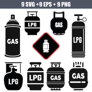 векторные черные иконки газовых баллонов в форматах EPS, SVG и PNG, баллоны с пропаном, баллоны с бутаном, газовая промышленность, баллоны для сжиженного газа, газ