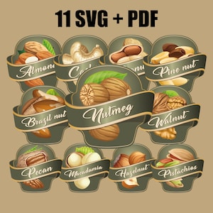 May include: Eleven illustrated labels featuring different types of nuts. Each label has a green background with a brown ribbon and the name of the nut in a white cursive font. The nuts are depicted in a realistic style with a variety of colors and textures.
