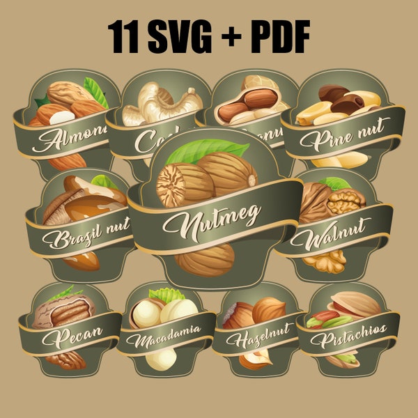 vector stickers for jars of nuts in svg, pdf format, svg nuts, nuts stickers, sticker design, peanuts sticker, pistachios sticker