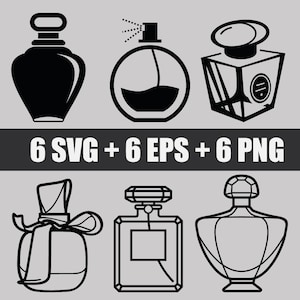 May include: Six black and white illustrations of perfume bottles. The bottles are in various shapes and styles, including a round bottle with a spray nozzle, a square bottle with a cap, and a bottle with a bow.