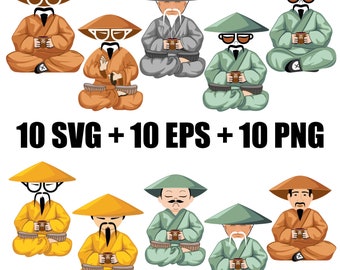 digital vector set of Chinese tea master characters in SVG, EPS and PNG format, tea ceremony, Chinese culture, meditation, Chinese sage svg