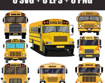 vector digital set of school buses in EPS, SVG, PNG format, school bus cabin, school transport, yellow school bus, front view, bus stickers