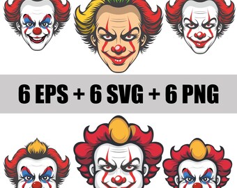 vektor digitales Set von Clowngesichtern in den Formaten EPS, SVG und PNG, böser Clown svg, Clown Lächeln, Vektor Clown, Zirkus svg, Maske svg, Clownaufkleber