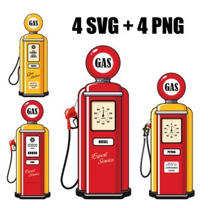 Puede incluir: Cuatro ilustraciones de surtidores de gasolina vintage. Dos son rojos con un indicador en blanco y negro y el texto "GAS" y "DIESEL" y "Expert Service". Dos son amarillos con un indicador en blanco y negro y el texto "GAS" y "PETROL". Una bomba amarilla tiene el texto "Gas Station Contains Lead".