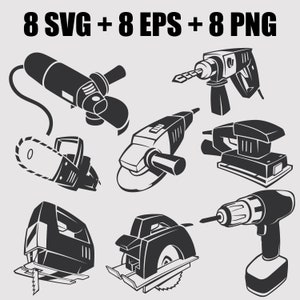 vectoriconen van elektrisch gereedschap in SVG-, EPS- en PNG-indeling voor snijden in Cricut, schroevendraaier, decoupeerzaag, cirkelzaag, boor, slijper, kettingzaag