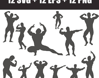 vector digital set of bodybuilder icons in EPS, SVG and PNG formats, vector bodybuilder, gym eps, muscles svg, athlete, dumbbells, barbell