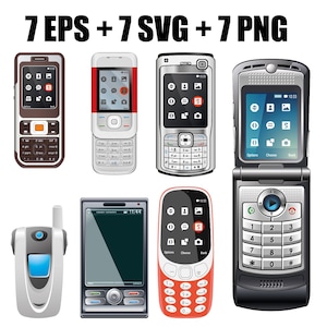 May include: Seven different cell phone designs, including a flip phone, a slider phone, and a touch screen phone. The phones are all black, silver, and red.