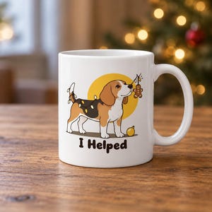 Weihnachtsbecher mit Beagle-Motiv | Lustiges Geschenk für Hundebesitzer | Kaffeetasse „Ich habe bei der Weihnachtsbeleuchtung geholfen“ | Weihnachtsgeschenk für Hundemama und -papa