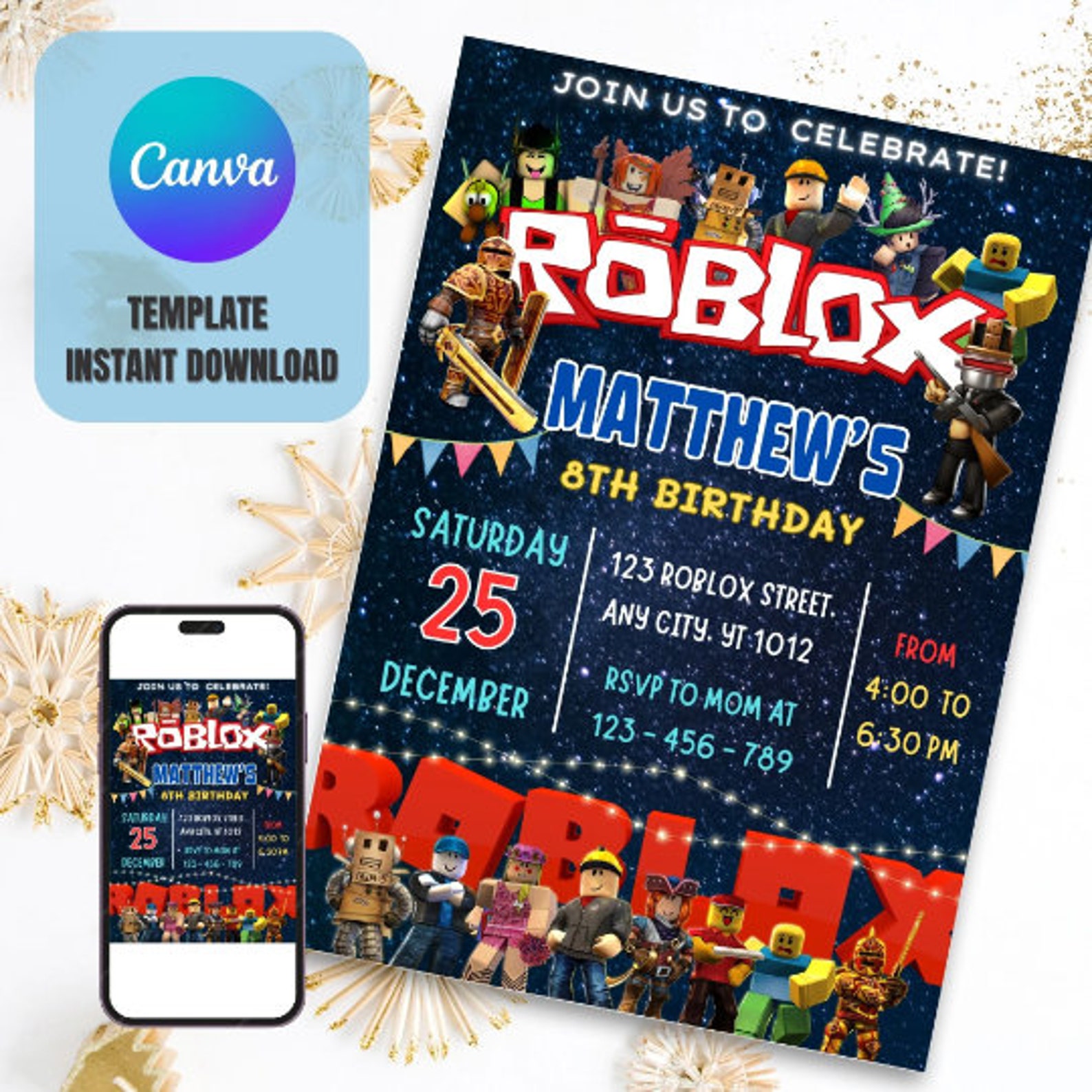 Roblox Birthday Party Invitation, Roblox Game Party, Roblox Invitation ...