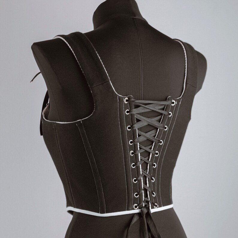Black Renaissance corset with contrast stitching, goth coquette top, handmade medieval outfit, festival wear image 13