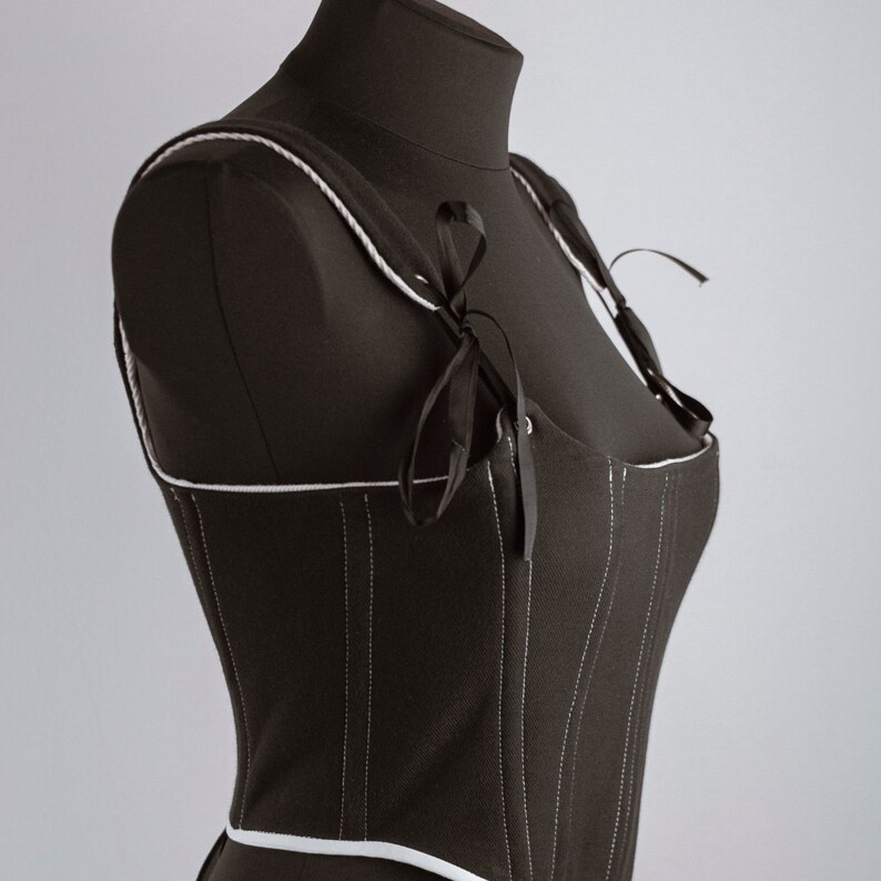 Black Renaissance corset with contrast stitching, goth coquette top, handmade medieval outfit, festival wear image 11