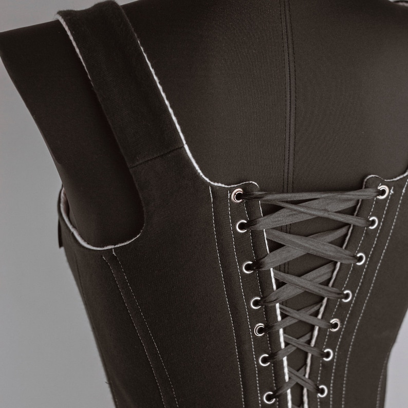 Black Renaissance corset with contrast stitching, goth coquette top, handmade medieval outfit, festival wear image 14