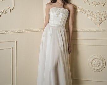 White satin corset top, minimalist wedding maxi skirt, elegant renaissance corset, luxury bridal outfit