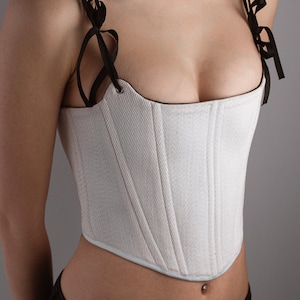 White cotton Bridal Corset, Overbust Wedding Bustier Top with Bows, Elegant Bridal Lingerie