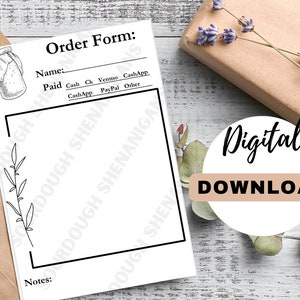 May include: A printable order form with a hand-drawn illustration of a jar with a lid. The form includes fields for customer name, payment method, and notes. The text "Order Form" is at the top of the page.