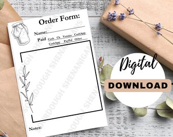 May include: A printable order form with a hand-drawn illustration of a jar with a lid. The form includes fields for customer name, payment method, and notes. The text "Order Form" is at the top of the page.