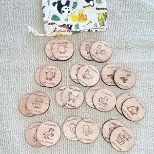 Jeu de Mémory Animaux de la Ferme – Cadeau Enfant – Jeu en Bois Personnalisé – Jeu de Cartes Assorties – Éducatif Bilingue Français-Espagnol