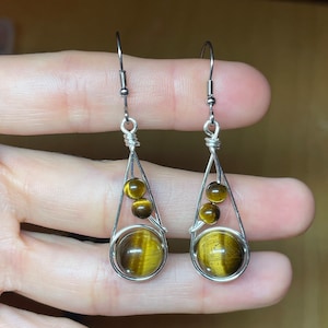 Tiger&#39;s Eye Silver Wire Wrapped Drop Earrings, Handmade, Tigers Eye Earrings, Silver Earrings