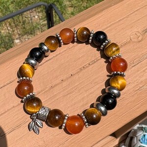 Yellow Tiger's Eye, Onyx, Carnelian Bracelet – 10mm Gemstones – Handmade Energy Jewelry – Strength, Courage & Protection Gift