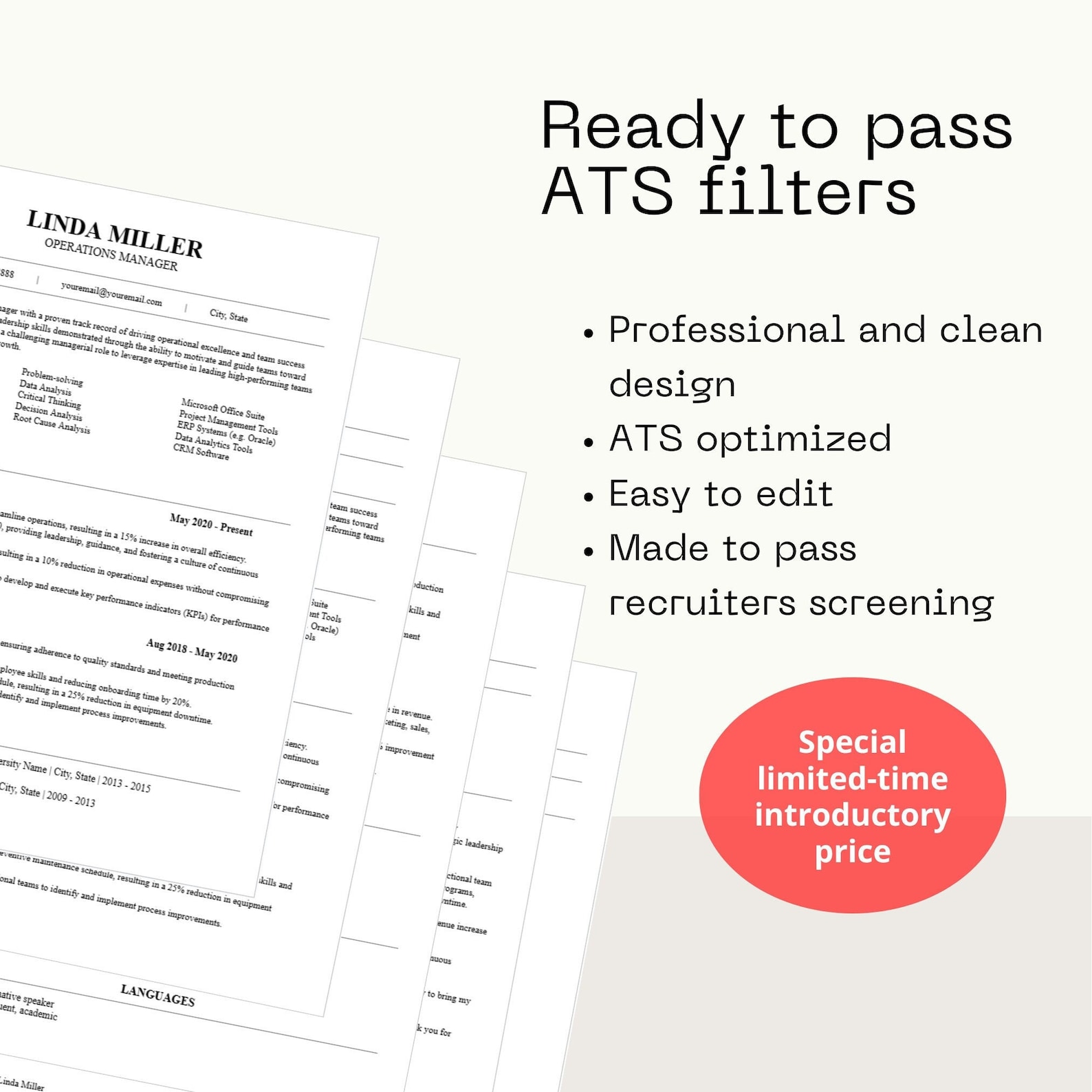 ATS Friendly Resume Template | Clean CV Design | Google Docs, MS Word ...