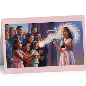 Cartões de felicitações, Menina com microfone, Cartões comemorativos inspiradores, Encorajamento inspirador, Conjunto de 10, Mágica inspiradora