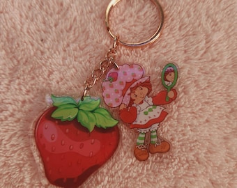 Llavero acrílico hecho a mano de Strawberry Shortcake: accesorio para bolso con doble dije