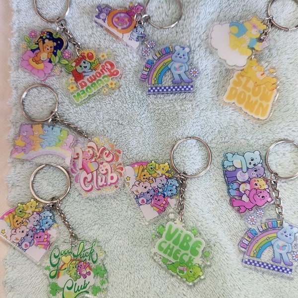 Carebear with Quotes Double Charmed Acrylic Handmade Keychains