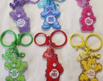 Bad Words Glitter Carebear Double Acrylic Charmed Resin Layered Colorful Keychains with Clip