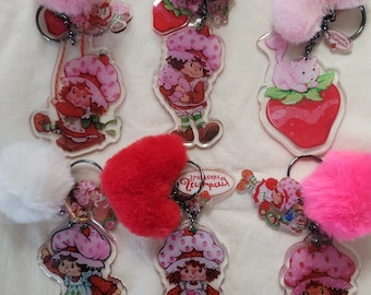 Handmade Strawberry Shortcake Resin Layered Multi Charmed Pompom Keychains