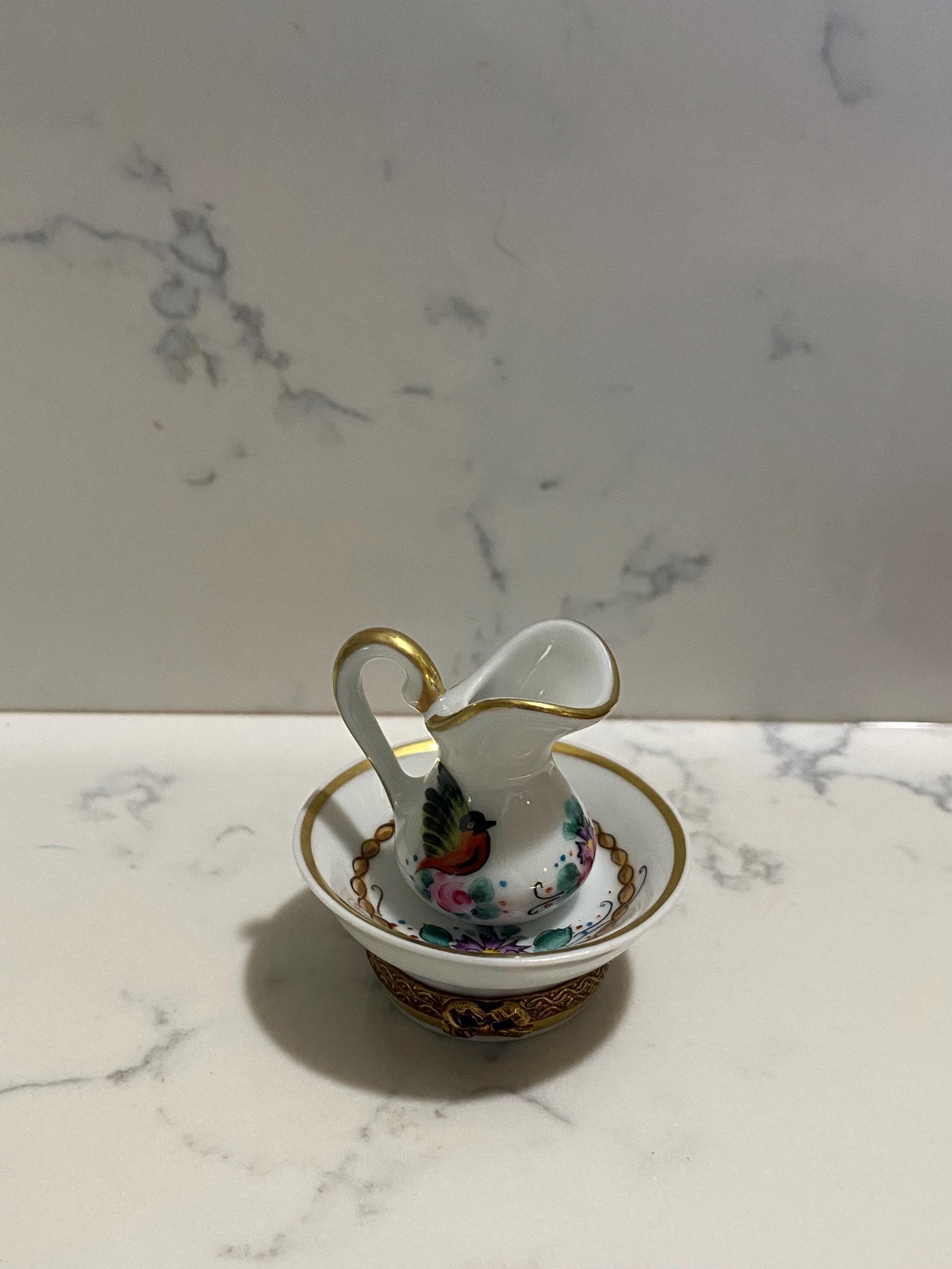 Hand painted Cup & Saucer with Birds Limoges Box by French Accents