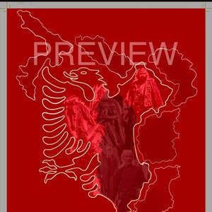 Puede incluir: Un fondo rojo con un contorno blanco del mapa de Albania. El mapa está lleno de un collage de imágenes de personas y el águila albanesa. El texto "PREVIEW" está en la parte superior de la imagen y "SHQIPËRIA" en la parte inferior.
