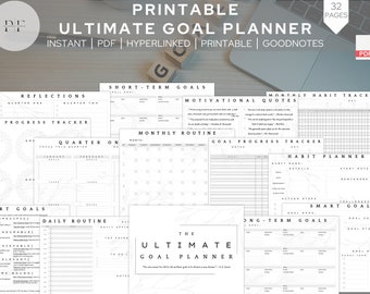 Op de afbeelding: Een printbare doelplanner met 32 pagina's. De planner bevat secties voor kortetermijndoelen, langetermijndoelen, dagelijkse routines, gewoontetrackers en motiverende citaten. De planner is ontworpen om je te helpen je doelen te bereiken en een meer vervullend leven te leiden.