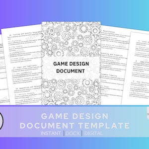 May include: A black and white printable game design document template with 19 sections. The template is designed to help game developers create a comprehensive game design document. The document includes sections for game overview, level design, user interface, and more.