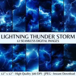 Blue Lightning Thunder Storm Digital Paper, Seamless Lightning Bolts & Strikes Pattern, Electric Blue Lightning Black background paper