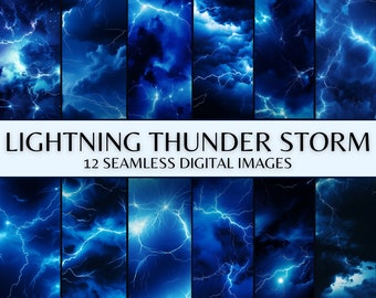 Blue Lightning Thunder Storm Digital Paper, Seamless Lightning Bolts & Strikes Pattern, Electric Blue Lightning Black background paper