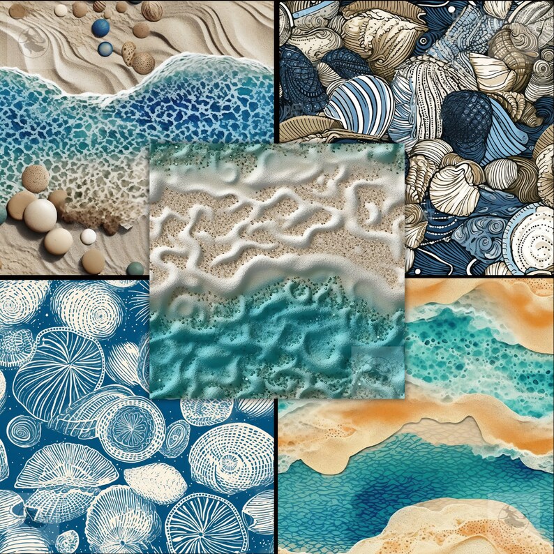 Seamless Beach Seashells Digital Paper, Sea Sand and Shells Patterns, Ocean Summer Beach ...