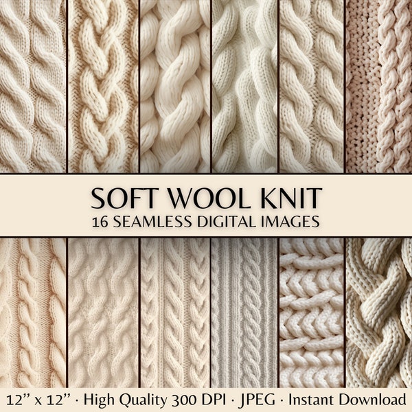 Wool Knit Digital Paper, Seamless Knitted Chunky Sweater Texture Pattern, Beige Wool Scrapbook Paper, Cozy Soft Knit Jumper Junk Journal