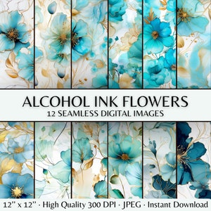 Papel digital com tinta alcoólica floral turquesa e dourada (sem emendas)