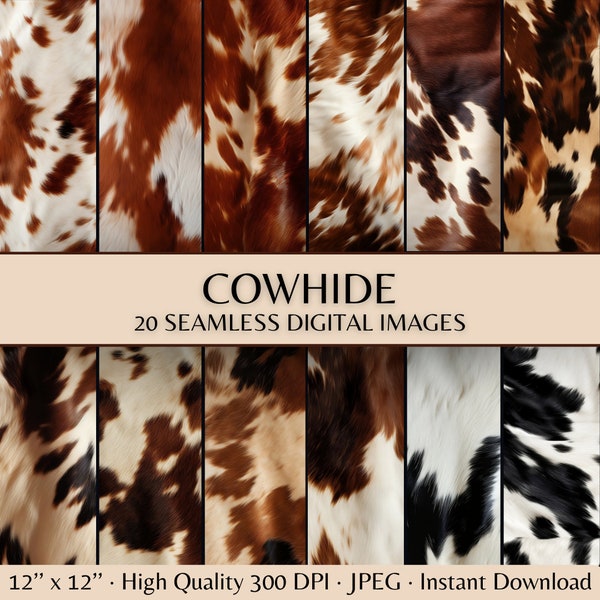 Cowhide Digital Paper, Seamless Cow Print Leather Scrapbook Paper, Western Cow Hide Cowgirl Pattern, Cow Fur Print Leather Western Cowboy