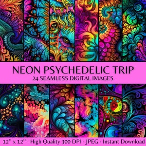 Nahtloses psychedelisches Neonfarben-Digital-Papier, Trippy Neon Glow Patterns druckbares Scrapbook-Papier, Goa Party Wallpaper Paintball Hintergrund
