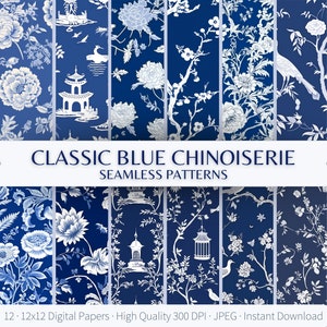 Blaues Chinoiserie Digitales Papier, China Blau Weiß Nahtloses Muster, Chinesisches Puppenhaus digital bedruckbares Scrapbook Papier, Toile De Jouy France