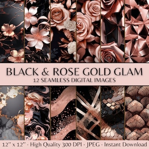 Papel digital sem costura glam metálico dourado rosa preto, padrão floral brilhante dourado rosa 3D, impressão de diário luxuoso texturizado em ouro preto